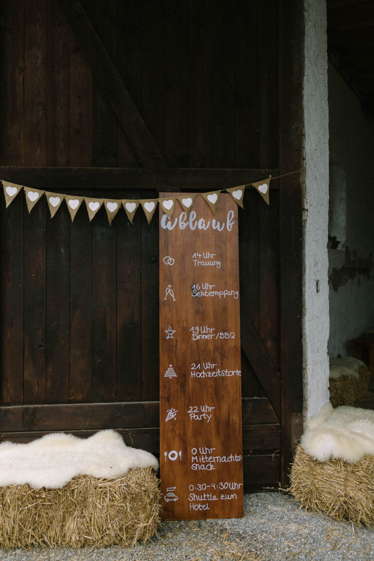 Die Scheune mit dem Ablauf der Hochzeit auf einem Holzschild, Hochzeitsfotograf Bodensee - Alexandra Kasper